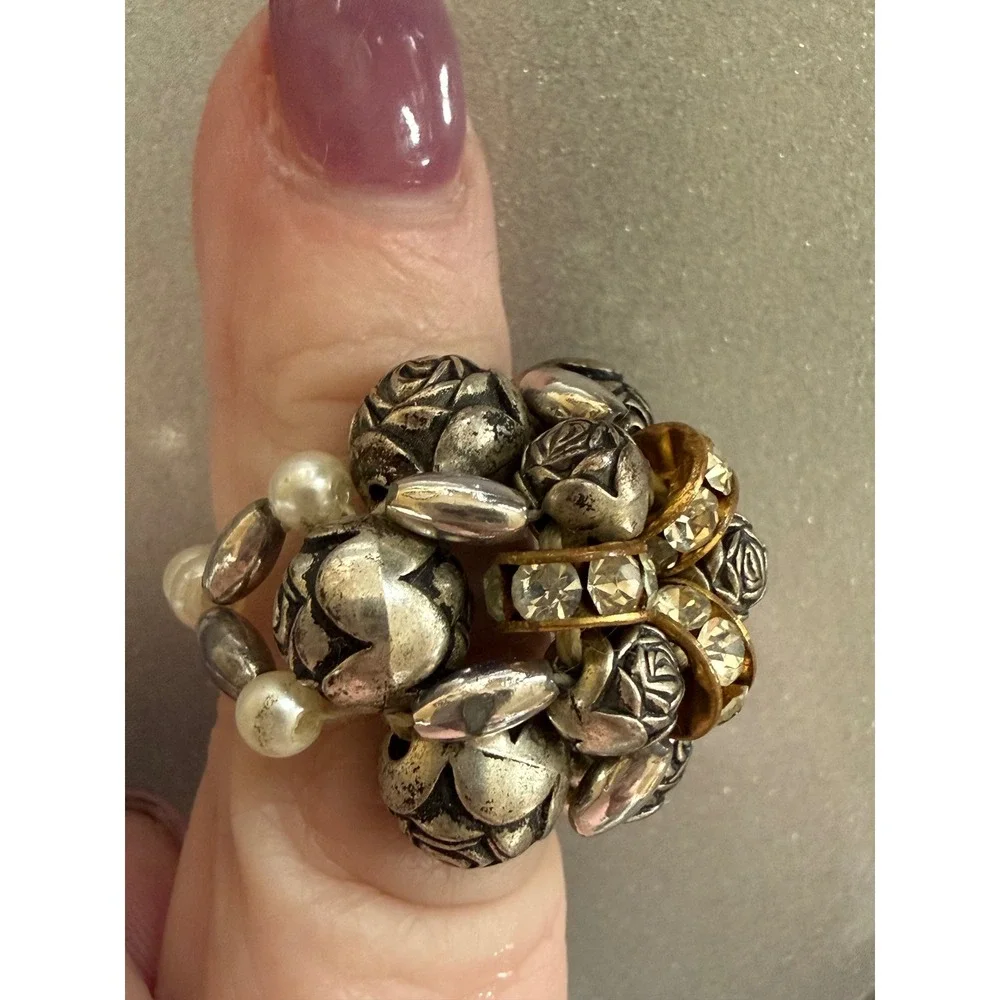 Boho Floral‎ Cluster Ring size 6 Rose Beads Rhinestone Statement Cottagecore